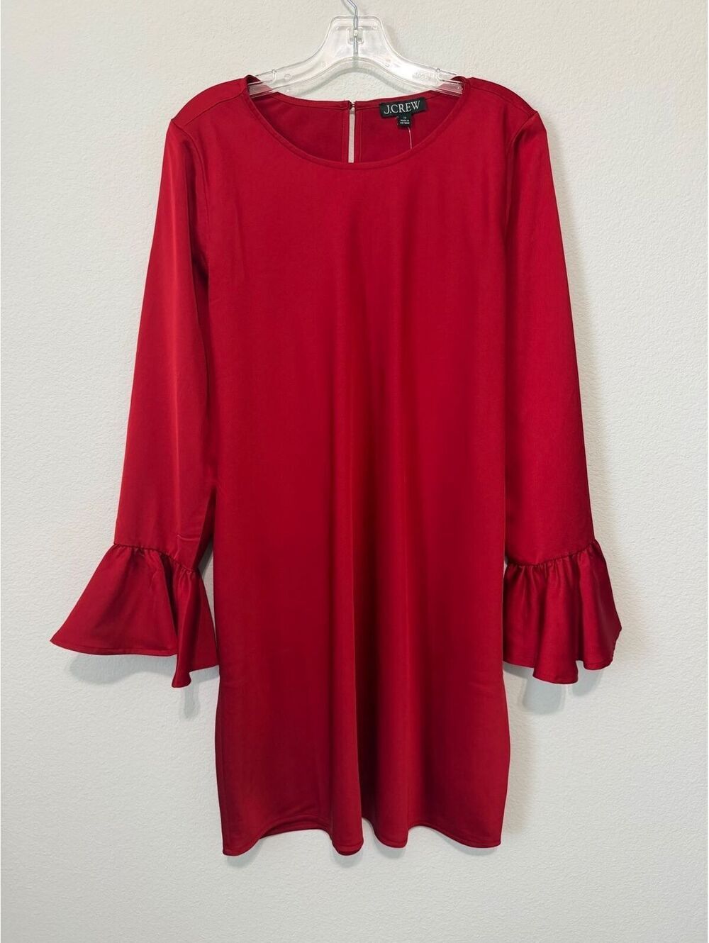 J. Crew NWT Long Bell Sleeve Round Neck Satin Red Winter Garden Dress Size 12